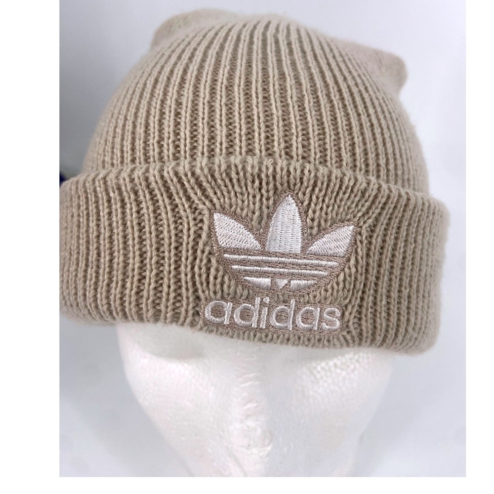 Adidas Trefoil Silver/White Embroidery Logo Beanie‎ Tan Stretch Knit Warm Unisex